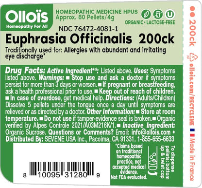 OLLOIS Euphrasia 200ck Organic – Lactose-Free Vegan Homeopathic Medicine (80 Pellets, Pack of 3)