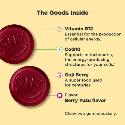 OLLY Extra Strength Daily Energy Gummies – Caffeine Free, 1000mcg B12, CoQ10 (60 ct)