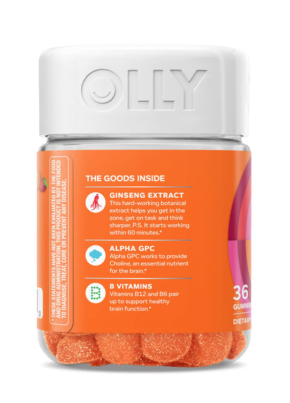 OLLY Laser Focus Gummies – Ginseng, Alpha GPC & B Vitamins, Berry Tangerine, 36 Count