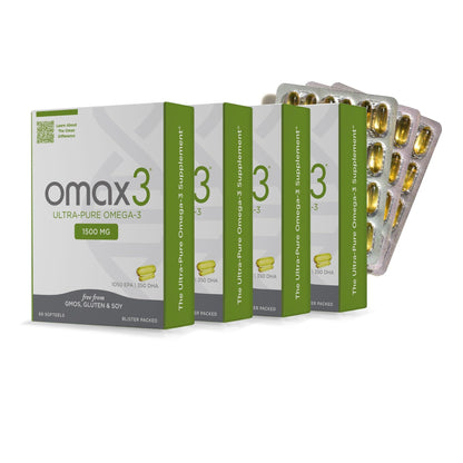Omax3 Ultra-Pure Omega-3 Fish Oil Pills – 1500 mg EPA/DHA, Gluten Free, Non-GMO, Made in USA, 240 Softgels (4 Boxes)
