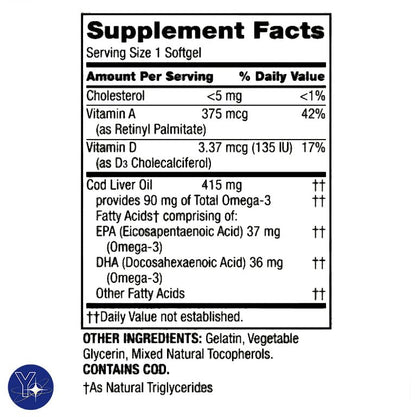 Cod Liver Oil with Vitamins A & D3 Immunity Softgels – Spring Valley 100 Count + YOLOMOLO Bookmark Gift