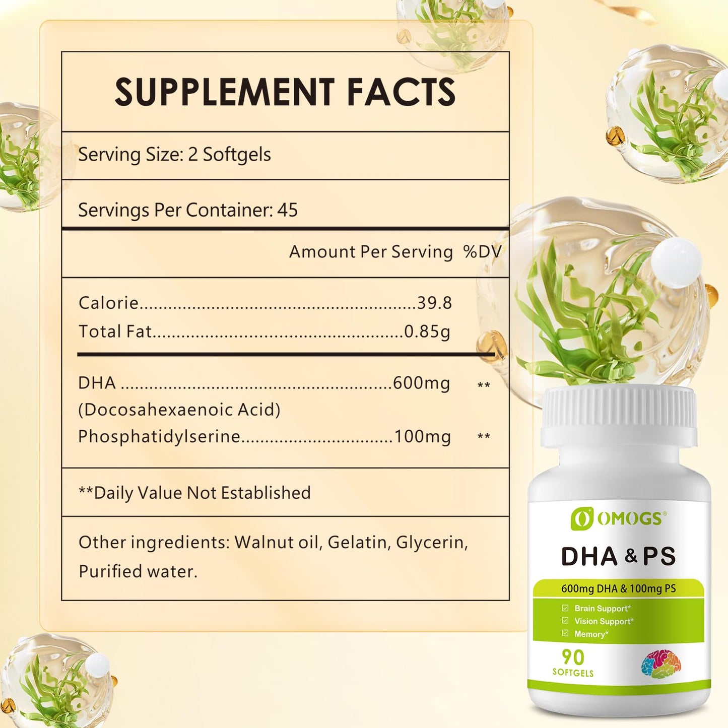 OMOGS Algae DHA 600 mg Softgels with Phosphatidylserine & Walnut Oil