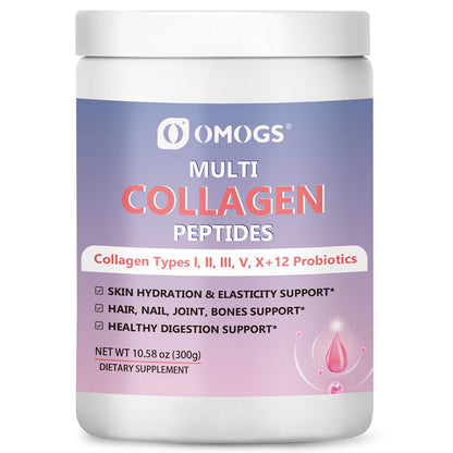 OMOGS Hydrolyzed Collagen Peptide Powder with Prebiotics, Vitamin C & Cranberry Extract – Supports Hair, Skin, Nails, Bones, Digestive & Urinary Health | Non-GMO