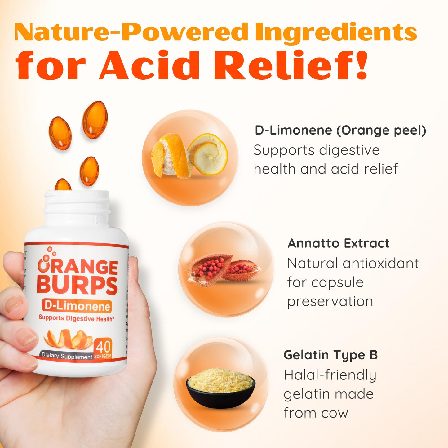 Orange Burps | D-Limonene Soft Gels for Heartburn Relief, GERD Support & Digestive Comfort | 1,000 mg