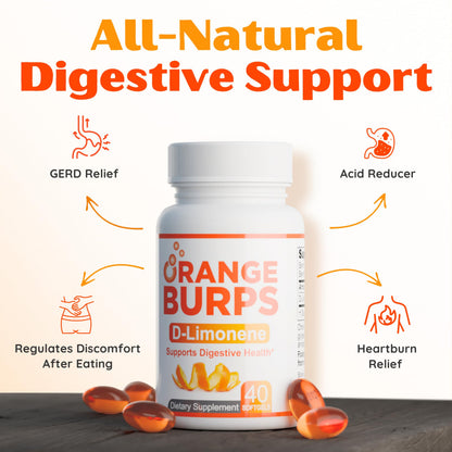 Orange Burps | D-Limonene Soft Gels for Heartburn Relief, GERD Support & Digestive Comfort | 1,000 mg