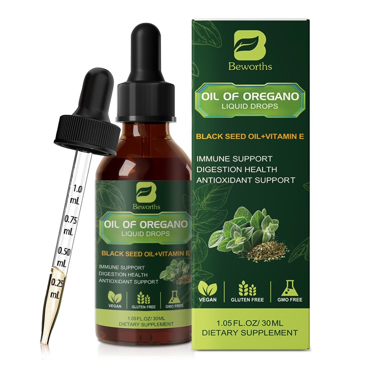 Oregano Oil Drops with Black Seed Oil & Vitamin E – Immune Support | Vegan & Non-GMO | 1 Fl Oz