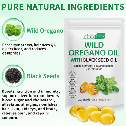 Oil of Oregano with Black Seed Oil - 6000mg Oregano Oil Capsules, Organic, Non-GMO, Gluten Free, 120 Softgels