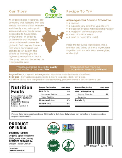 Organic Ashwagandha Root Powder - 1.10 lbs | Resealable Kraft Bag | Non-GMO | Indian Ginseng - SHOPOSR