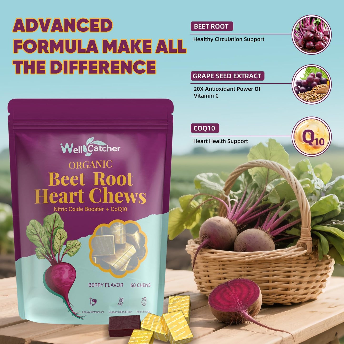 Organic Beet Root Chews – Heart Health & Nitric Oxide Support (60 CT) – Vegan & Non-GMO