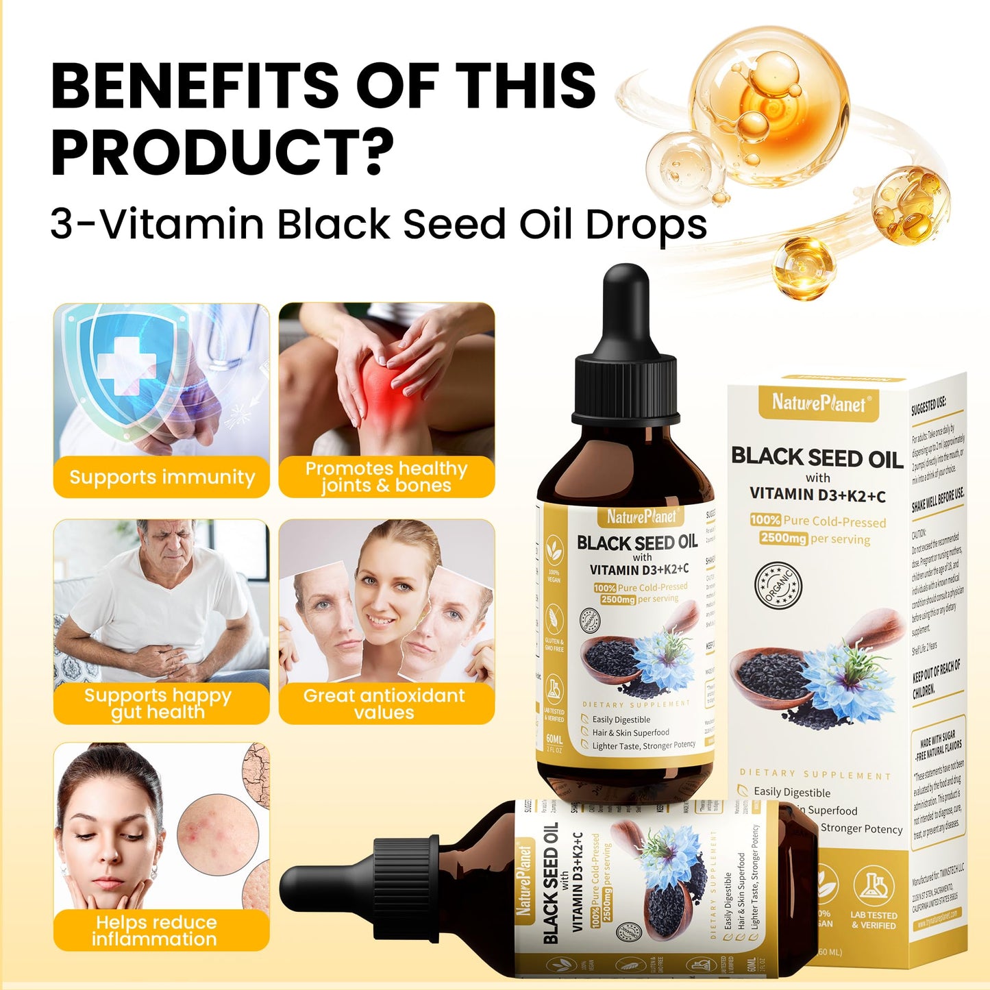 Organic Black Seed Oil Multivitamin Drops with D3, K2 & C | 2 oz (60 ml) Vegan, Gluten-Free