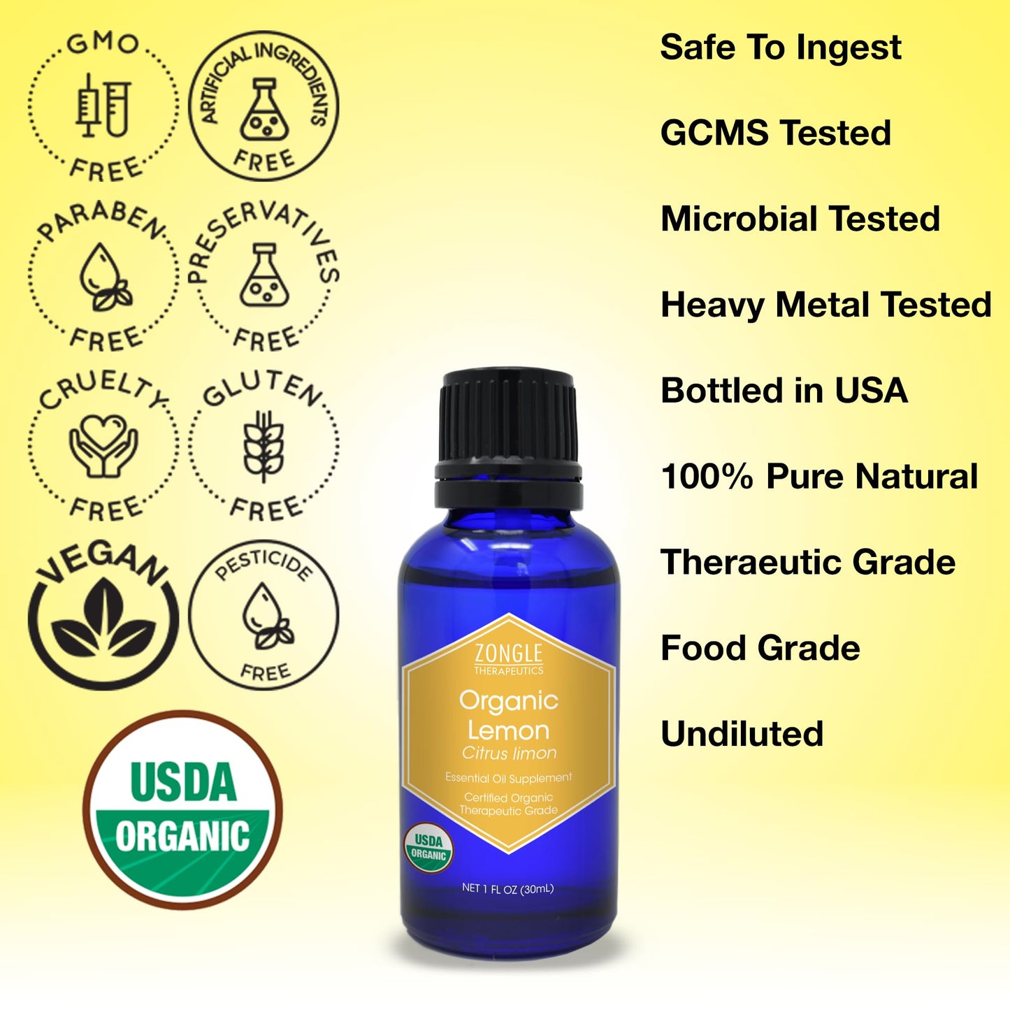 Organic Lemon Essential Oil – 100% Pure, Food Grade, 1 oz | Zongle Therapeutics