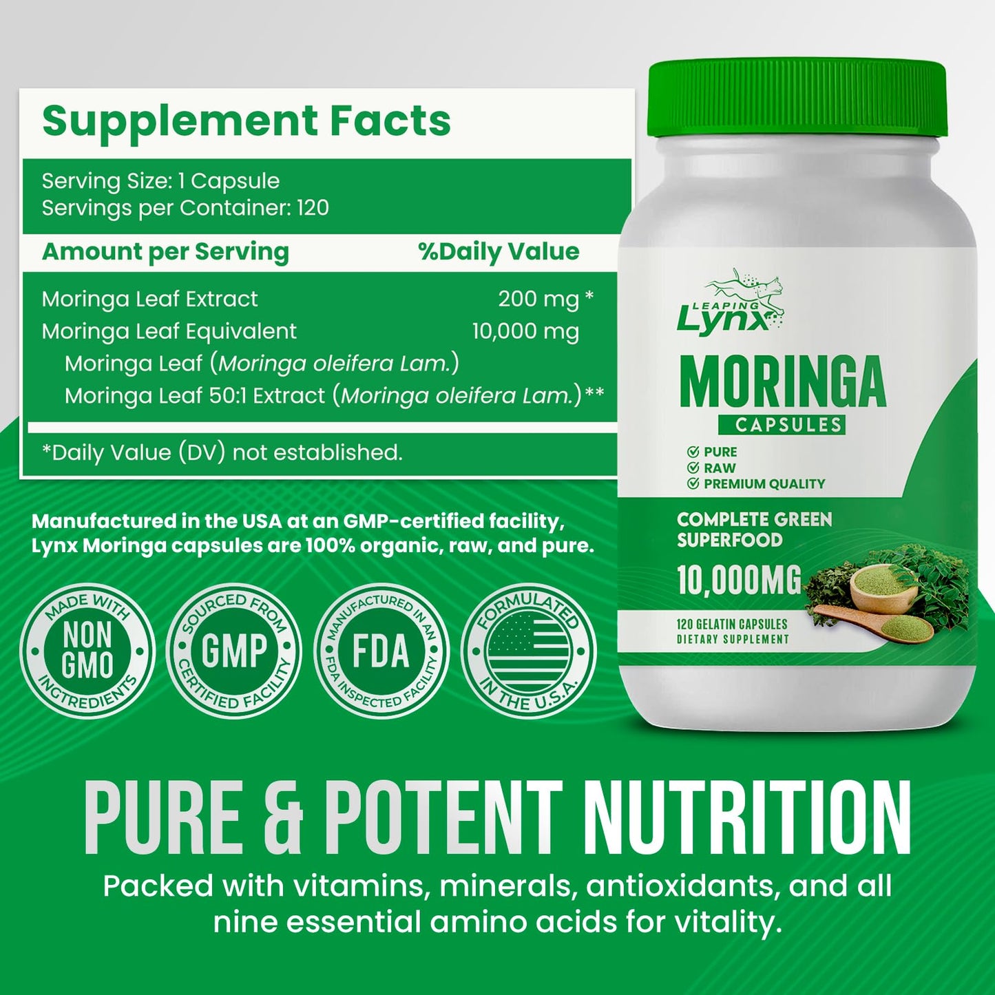 Organic Moringa 1200mg | 120 Capsules (60-Day) – Energy & Immune Support | Non-GMO