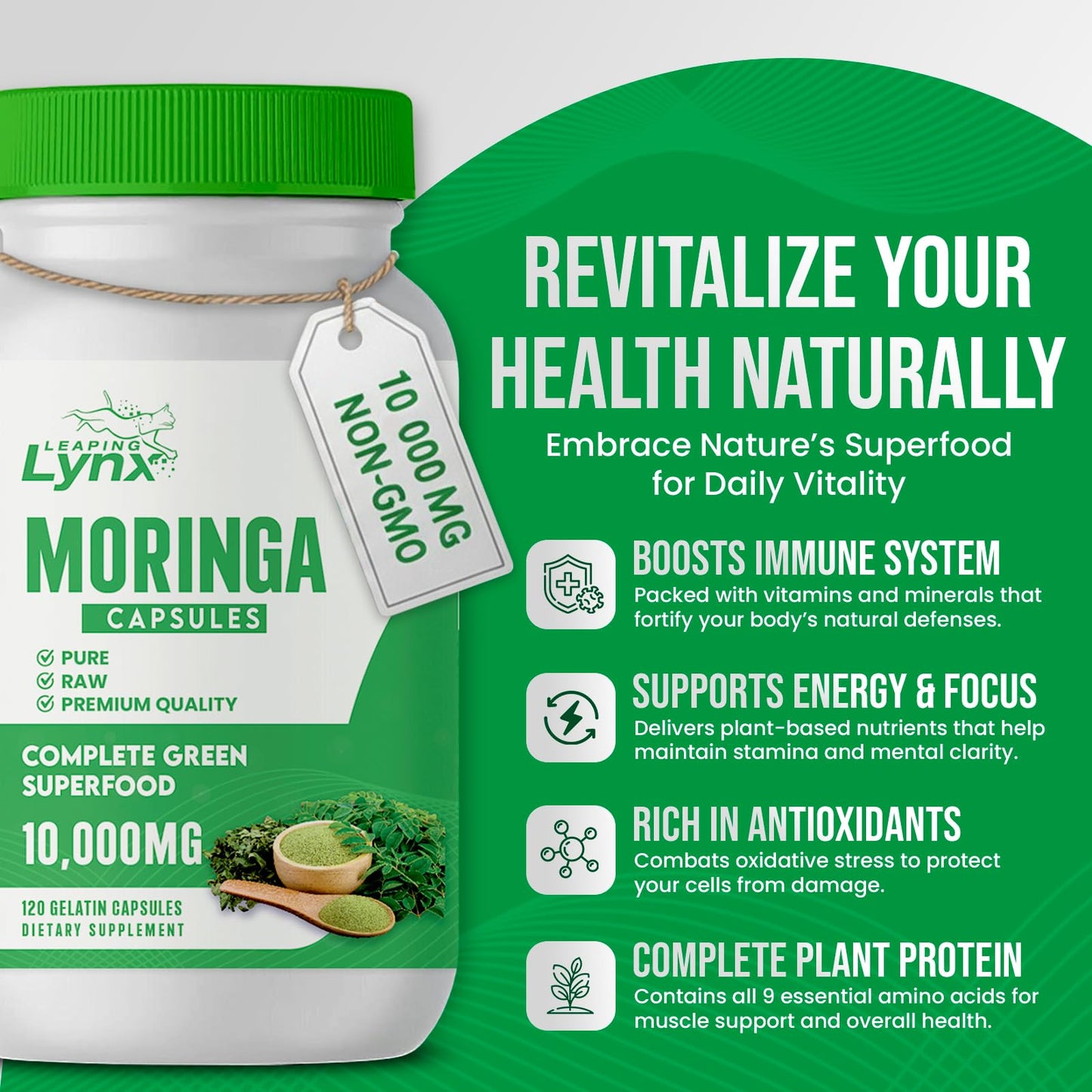 Organic Moringa 1200mg | 120 Capsules (60-Day) – Energy & Immune Support | Non-GMO