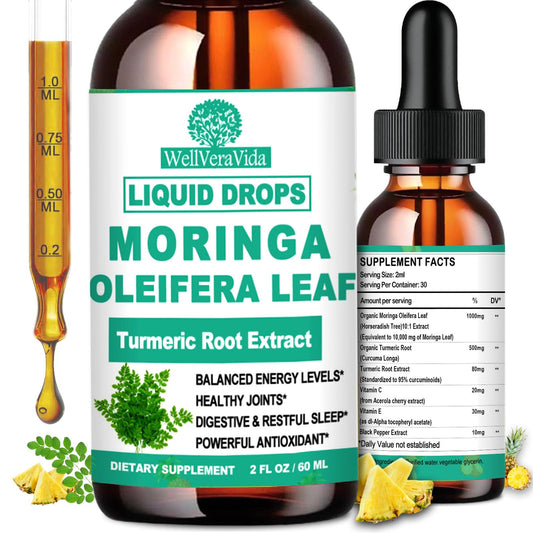 Gocce Liquide di Moringa Biologica con Curcuma, Pepe Nero e Vitamina C | Moringa Oleifera