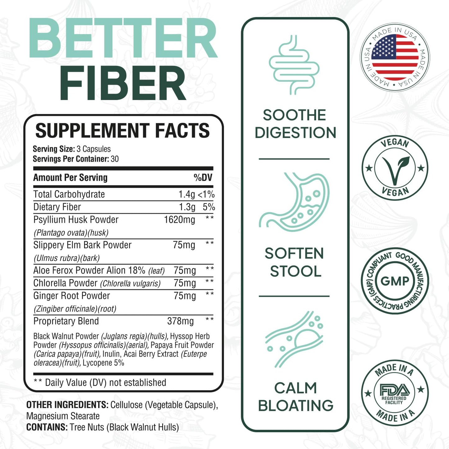 Organics Ocean Better Fiber - Daily Fiber Supplement for Gentle, Regular Bowel Movements (3 Bottles)