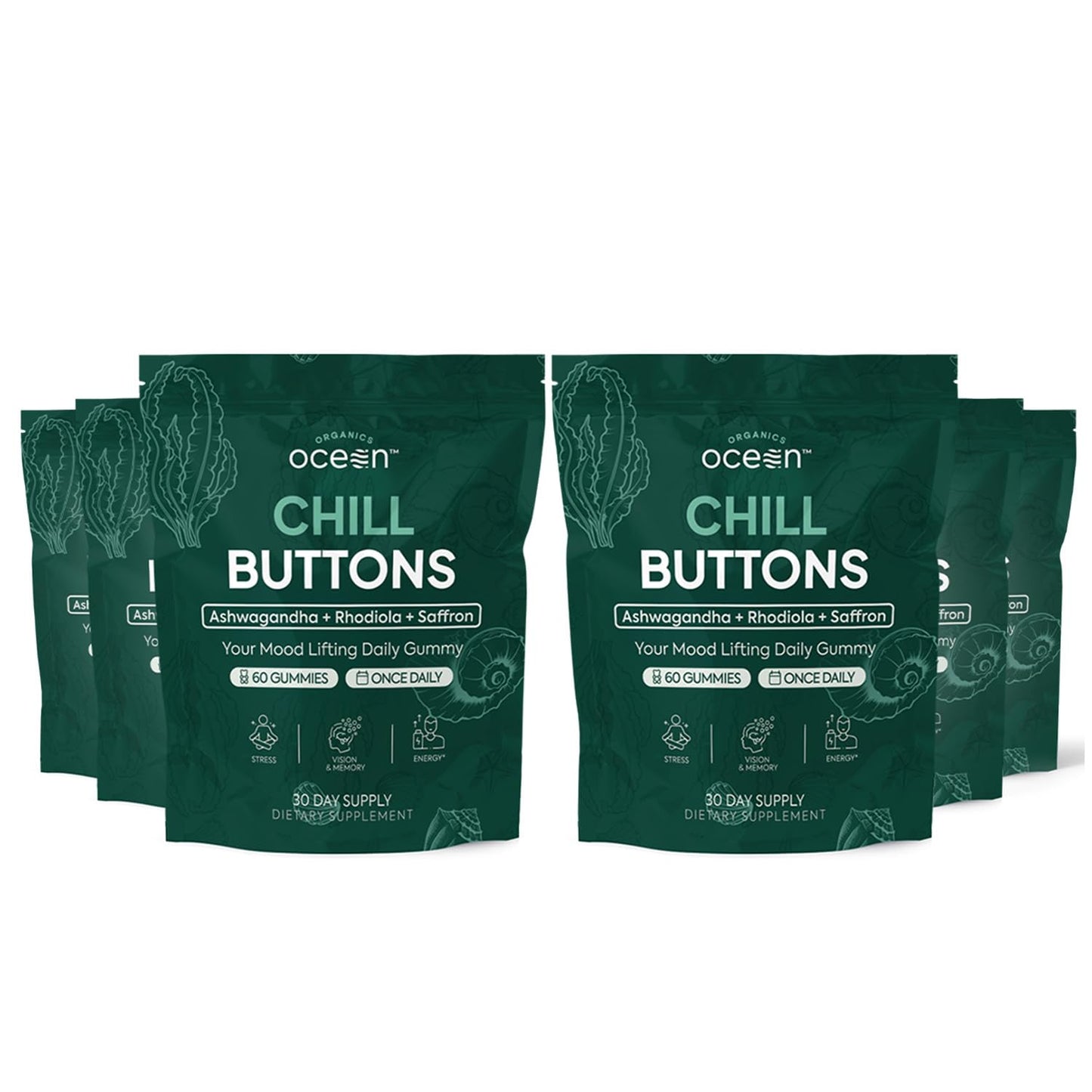 Organics Ocean Chill Buttons – Natural Ashwagandha Gummies with KSM-66, Rhodiola & Saffron | Relaxation, Mood & Focus (6-Pack, 360 Count)