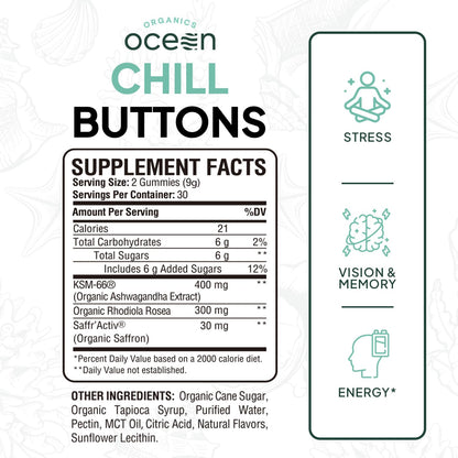 Organics Ocean Chill Buttons – Natural Ashwagandha Gummies with KSM-66, Rhodiola & Saffron | Relaxation, Mood & Focus (6-Pack, 360 Count)