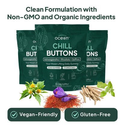 Organics Ocean Chill Buttons – Natural Ashwagandha Gummies with KSM-66, Rhodiola & Saffron | Relaxation, Mood & Focus (6-Pack, 360 Count)