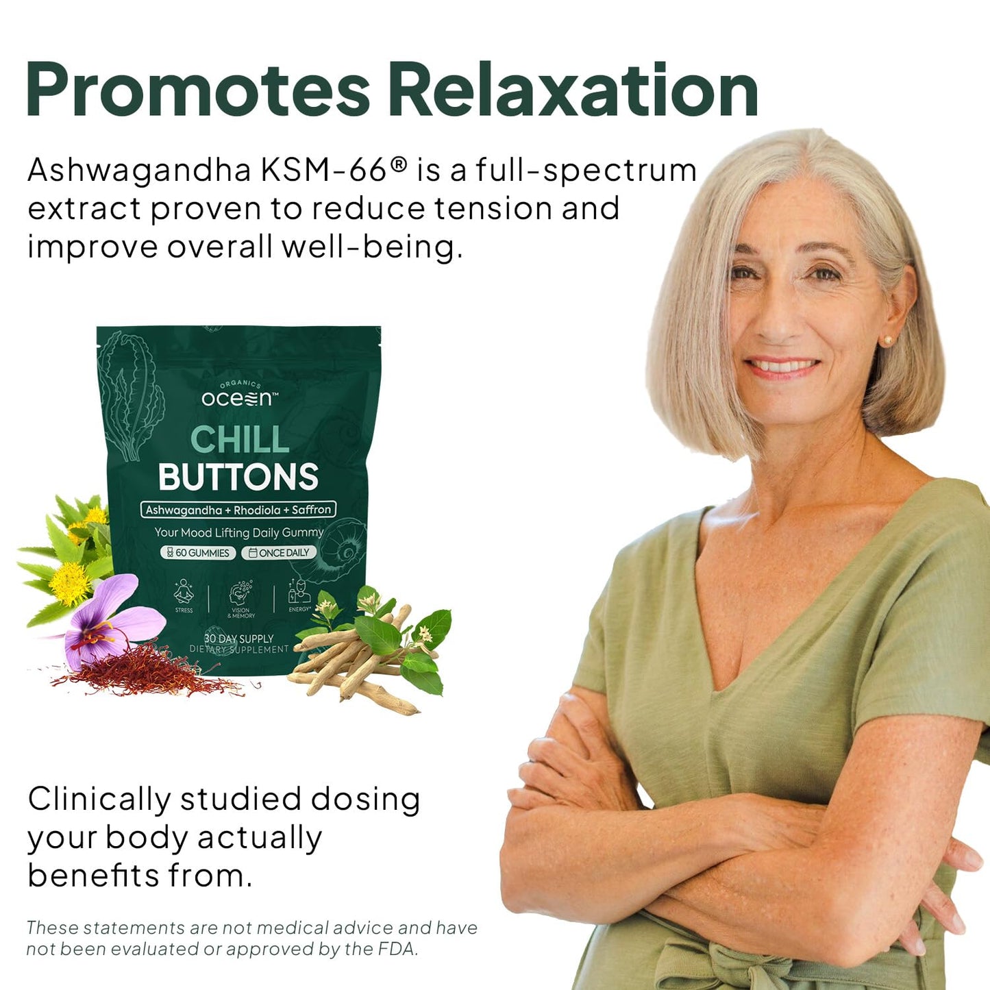 Organics Ocean Chill Buttons – Natural Ashwagandha Gummies with KSM-66, Rhodiola & Saffron | Relaxation, Mood & Focus (6-Pack, 360 Count)