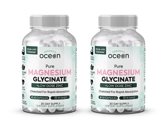 Organics Ocean Magnesium Glycinate with Zinc - Maximum Strength Chelated Magnesium for Sleep & Muscle Cramps - 2 Bottles