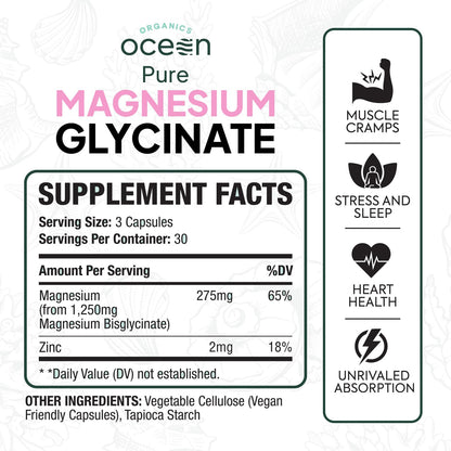 Organics Ocean Magnesium Glycinate with Zinc – Maximum Strength Chelated Magnesium for Sleep Support, Muscle Cramps & Heart Health – 3 Bottles