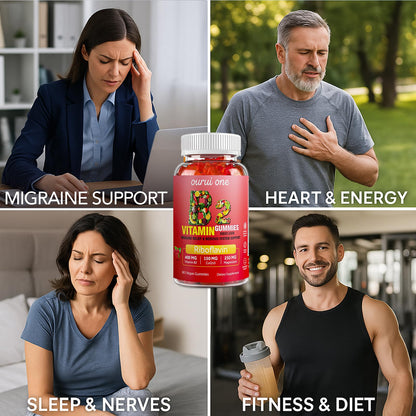 Ourui One Vitamin B2 Gummies 400mg – Riboflavin 400mg + CoQ10 150mg + Magnesium 200mg | 60 Vegan Raspberry Chewables