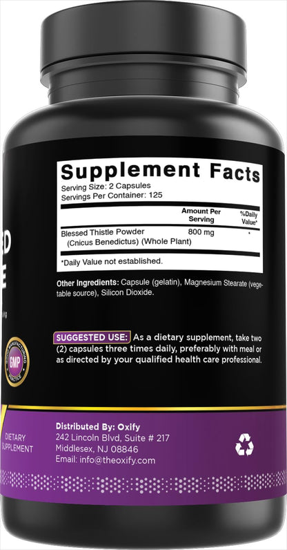 Oxify Blessed Thistle 800 mg – 250 Capsules | Gluten-Free & Non-GMO | Made in USA