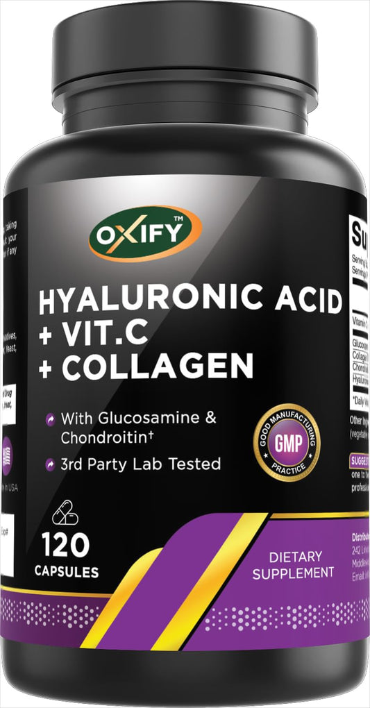Oxify Acido Ialuronico con Glucosamina, Condroitina, Collagene e Vitamina C | 120 Capsule | Senza Glutine e Non OGM | Prodotto negli USA