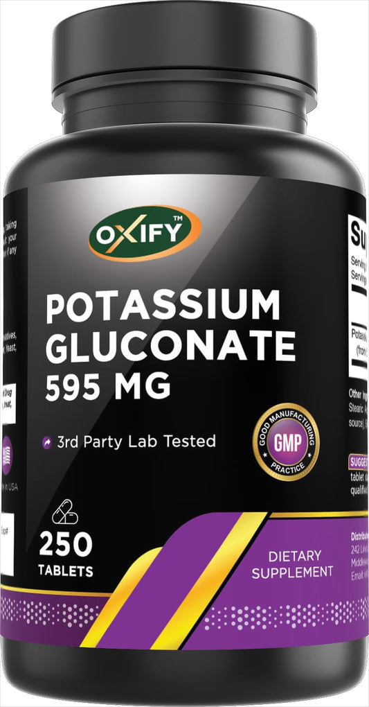 Oxify Potassio Gluconato 595 mg - 250 Compresse | Senza Glutine, Non OGM | Prodotto negli USA