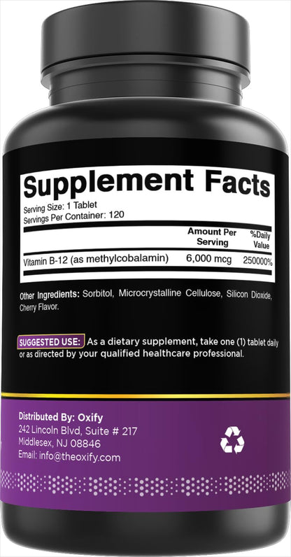 Oxify Vitamin B-12 6000 mcg (Methylcobalamin) - 120 Tablets - Gluten-Free, Non-GMO - Made in USA