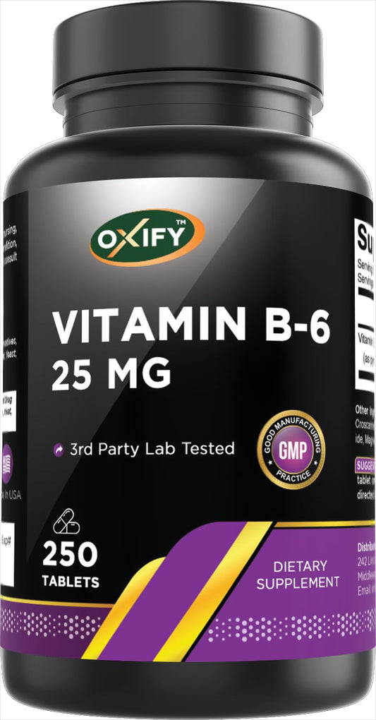 Oxify Vitamina B-6 25mg | 250 Compresse | Senza glutine, Non-OGM | Prodotto negli USA