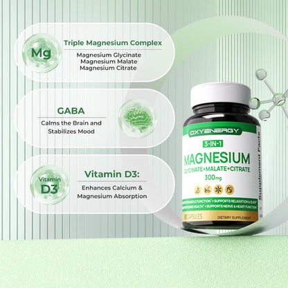 OXYENERGY 3 in 1 Magnesium Complex - 300mg Chelated Triple Magnesium (Glycinate, Malate, Citrate) - Vegan - 90 Capsules