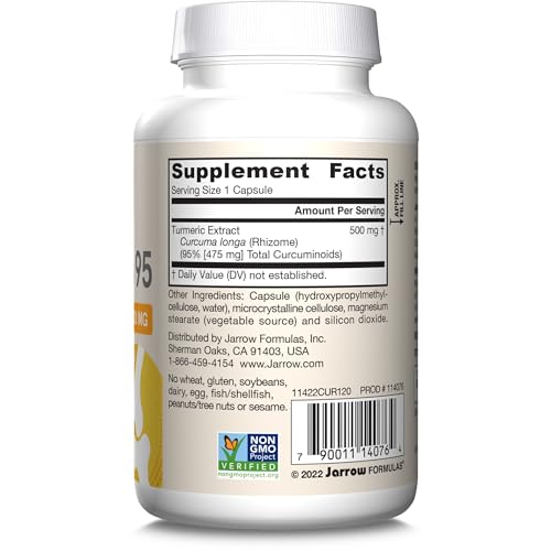 Jarrow Formulas Curcumin 95 500 mg – Turmeric Curcumin Extract for Antioxidant Support, 120 Veggie Capsules (Pack of 12)