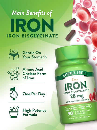Nature's Truth Iron Supplement for Women & Men | 28 mg Iron Bisglycinate | 90 Capsules Pack of 2 | Non-GMO, Gluten Free