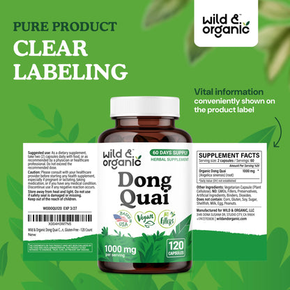 Wild & Organic Dong Quai Capsules for Women - 1000 mg per Serving - Pure Dong Quai Supplement - Angelica Root Herb - 60-Day Supply - Non-GMO, Vegan, Gluten-Free - 120 Count