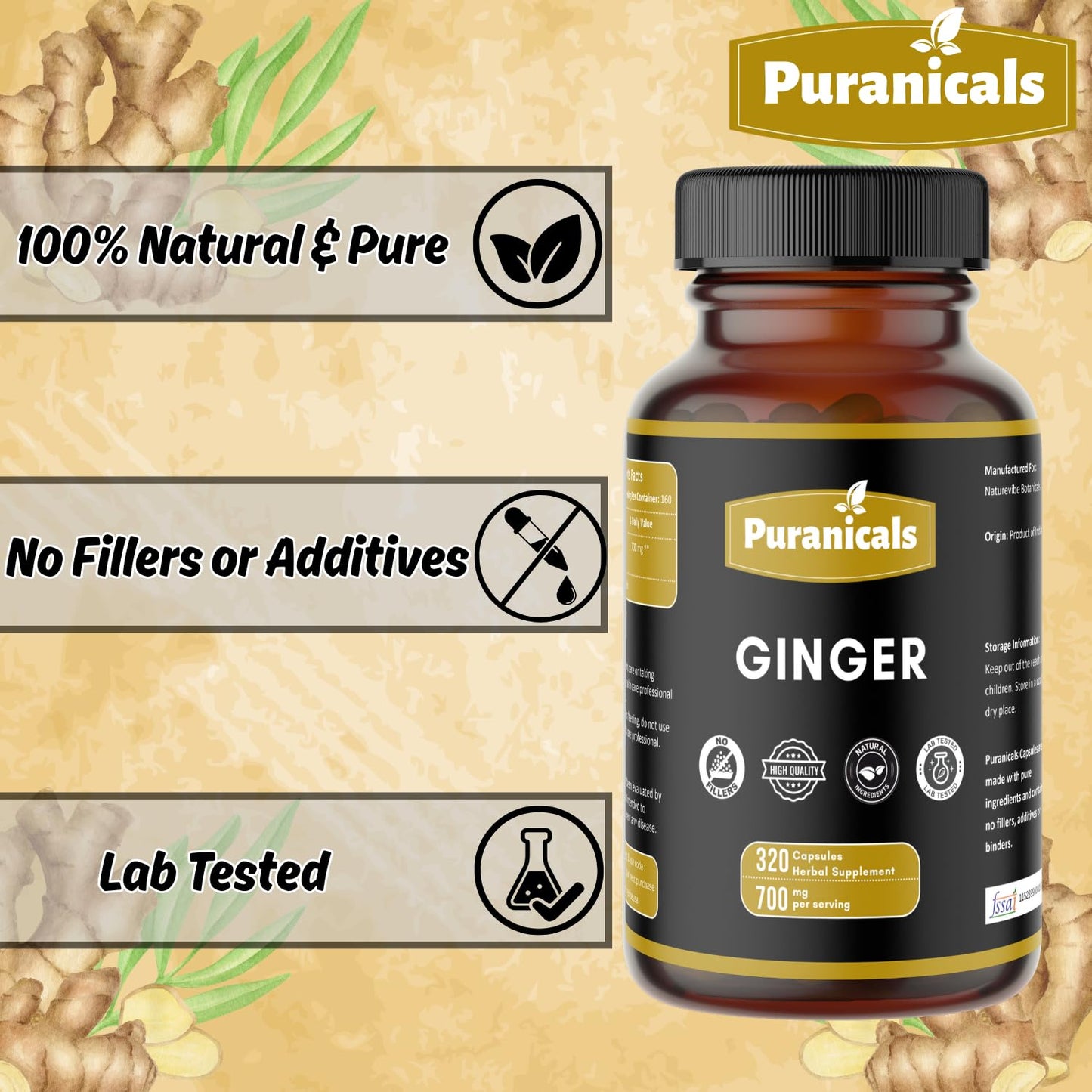 Puranicals Ginger Premium 320 Capsules – Non-GMO, Gluten Free, 700 mg per Serving, 100% Pure Ginger Root Powder