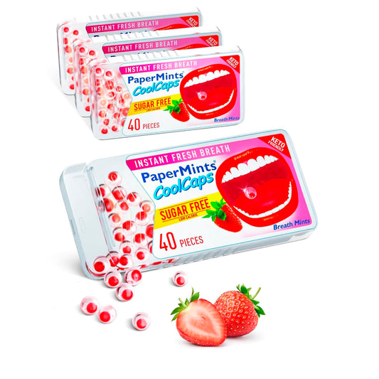 PaperMints CoolCaps نعناع معطر للفم بنكهة الفراولة - 4 عبوات خالية من السكر (160 كبسولة)
