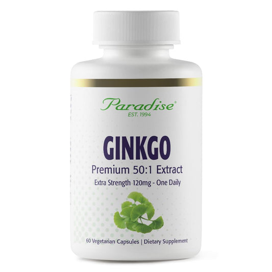 Paradise Herbs Ginkgo Biloba Extract - 50:1 Potent, Vegan, Gluten Free, 60 Capsules