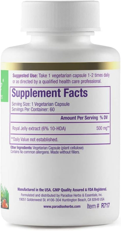 Paradise Herbs Royal Jelly Golden Emperor – Ultra Pure, Vegan, Gluten Free, Non-GMO | 60 Count Vegetarian Capsules