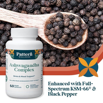 Pattern Wellness Ashwagana Complex – Organic KSM-66® & Black Pepper, 180 Vegan Capsules