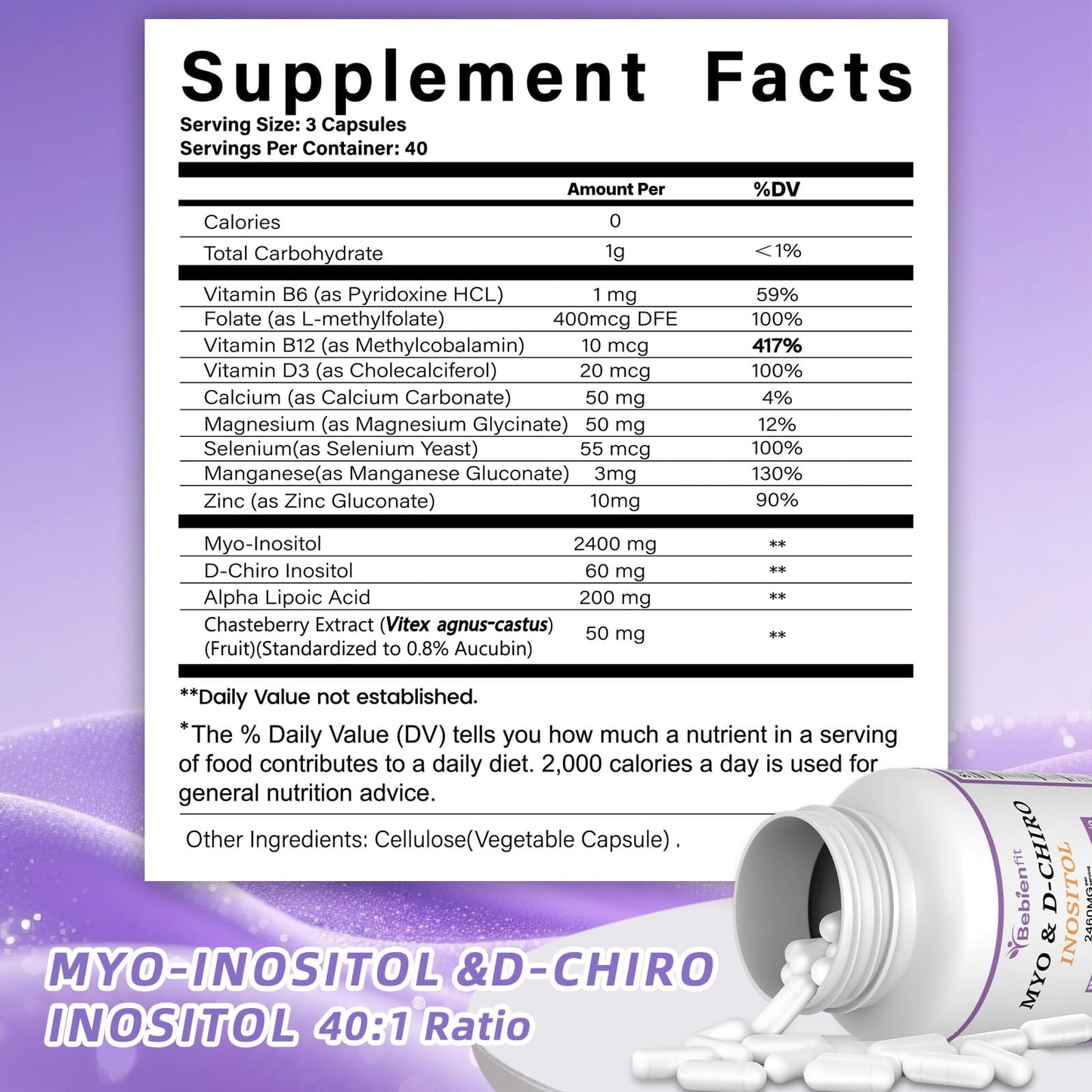 13-in-1 Myo-Inositol & D-Chiro Inositol for Women – PCOS, Hormonal Balance, 40:1 Ratio, 120 Veg Caps