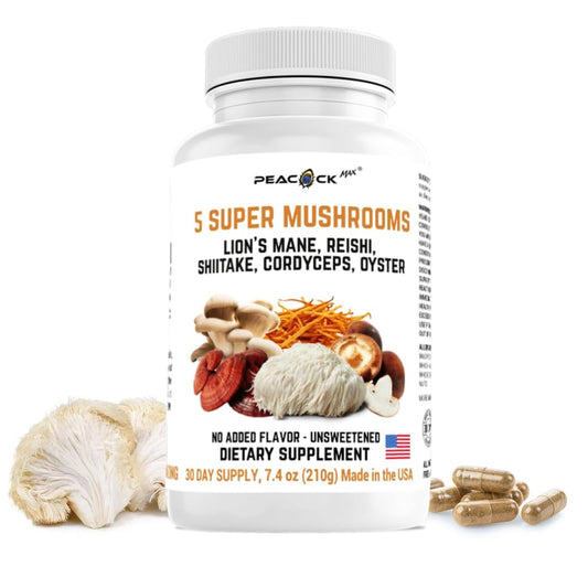 Peacock Max 5 Mushrooms - 180 Count | عرف الأسد، الريشي، الشيتاكي، الكورديسيبس والمحار