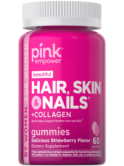PINK Hair Skin Nails Gummies - 60 Count | Biotin + Collagen | Gluten Free & Non-GMO | Strawberry Flavor