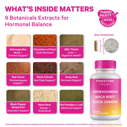Pink Stork Ashwagandha, Maca Root & Black Cohosh — Perimenopause Hormone Balance Supplement for Women | 60 Capsules