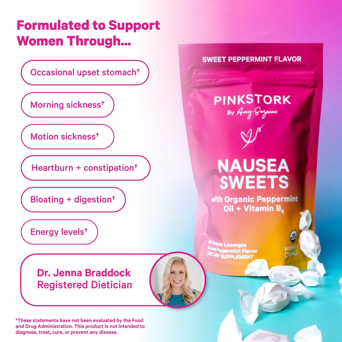 Pink Stork Organic Peppermint Lozenges with Vitamin B6 — Morning & Motion Sickness Support, 30 Wrapped Candies