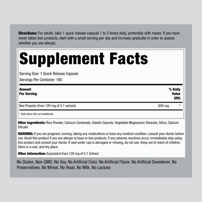 Piping Rock Bee Propolis Capsules | 600mg | 180 Pills | Extract Supplement | Non-GMO, Gluten Free