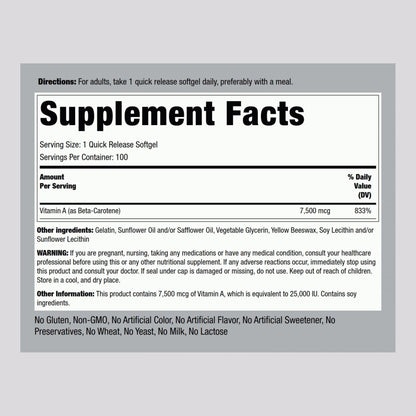 Piping Rock Beta Carotene 25,000 IU Softgels – 100 Count | Non-GMO, Gluten Free