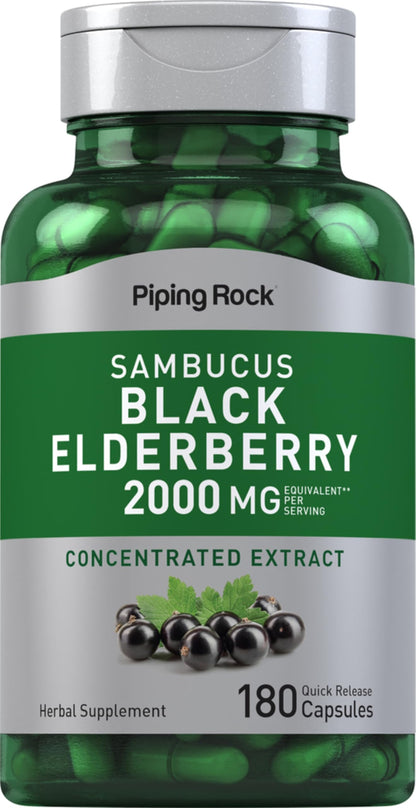 Piping Rock Black Elderberry 2000mg Capsules (180 Count) | Sambucus Nigra | Non-GMO & Gluten Free