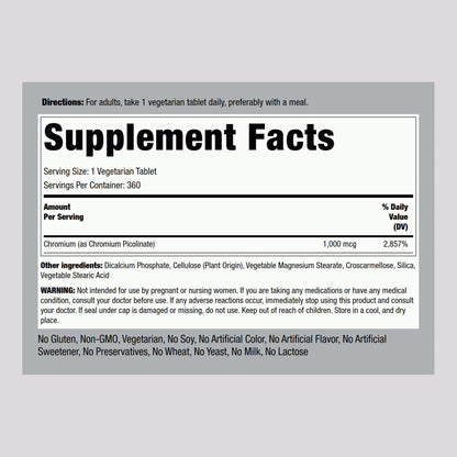 Piping Rock Chromium Picolinate 1000mcg – 360 Tablets | Vegetarian, Non-GMO, Gluten Free