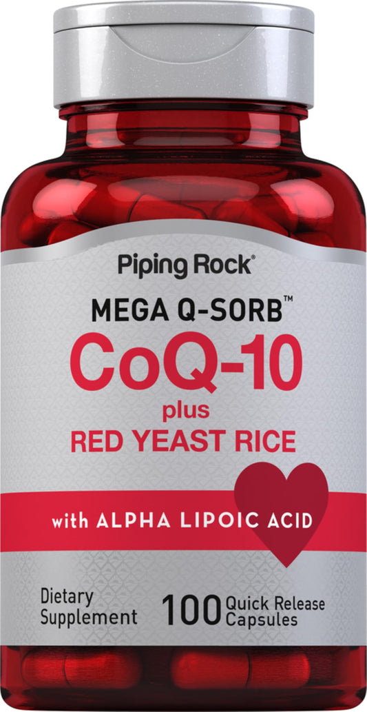 Piping Rock CoQ10 120 ملجم – 100 كبسولة | خميرة الأرز الأحمر وحمض ألفا ليبويك | غير معدل وراثيًا، خالي من الجلوتين